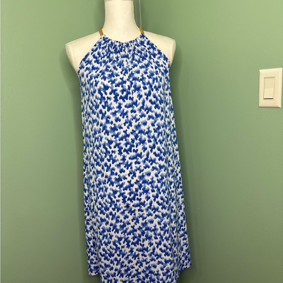 Michael Kors Dresses & Skirts - Michael Kors Blue and White Halter Mini Dress with Gold Accents